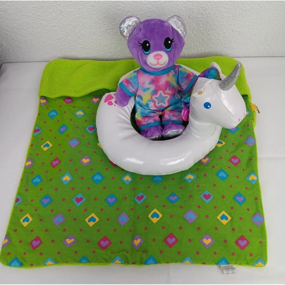 Build a Bear Mini Purple Silver Bear Stuffed Unicorn Float Green Fleece Blanket